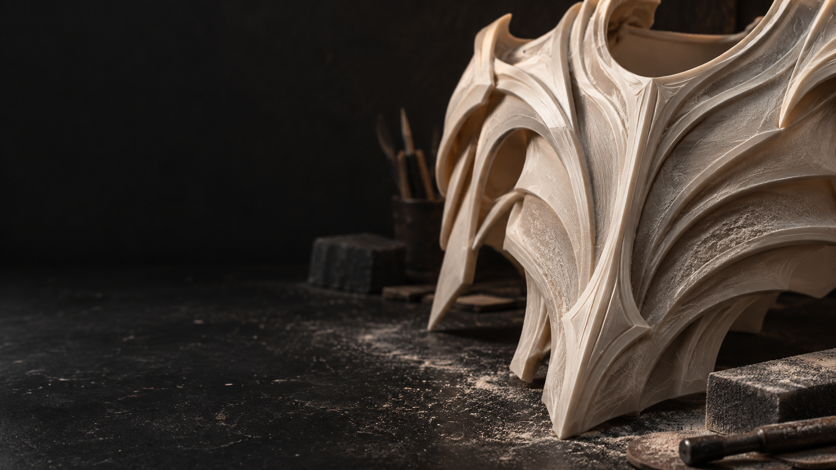 Illustrative resin armour detail in warm workshop light